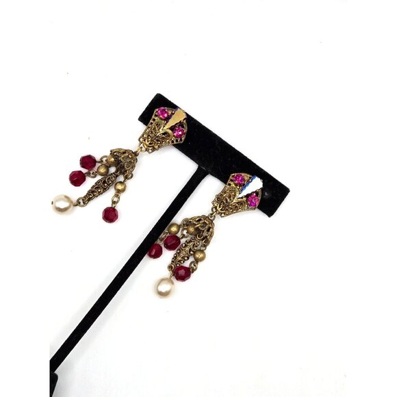 M. Haskell Attributed Unsigned Gold Filigree Dangle Clip Earrings 1940s 2.5 inch - Picture 3 of 7